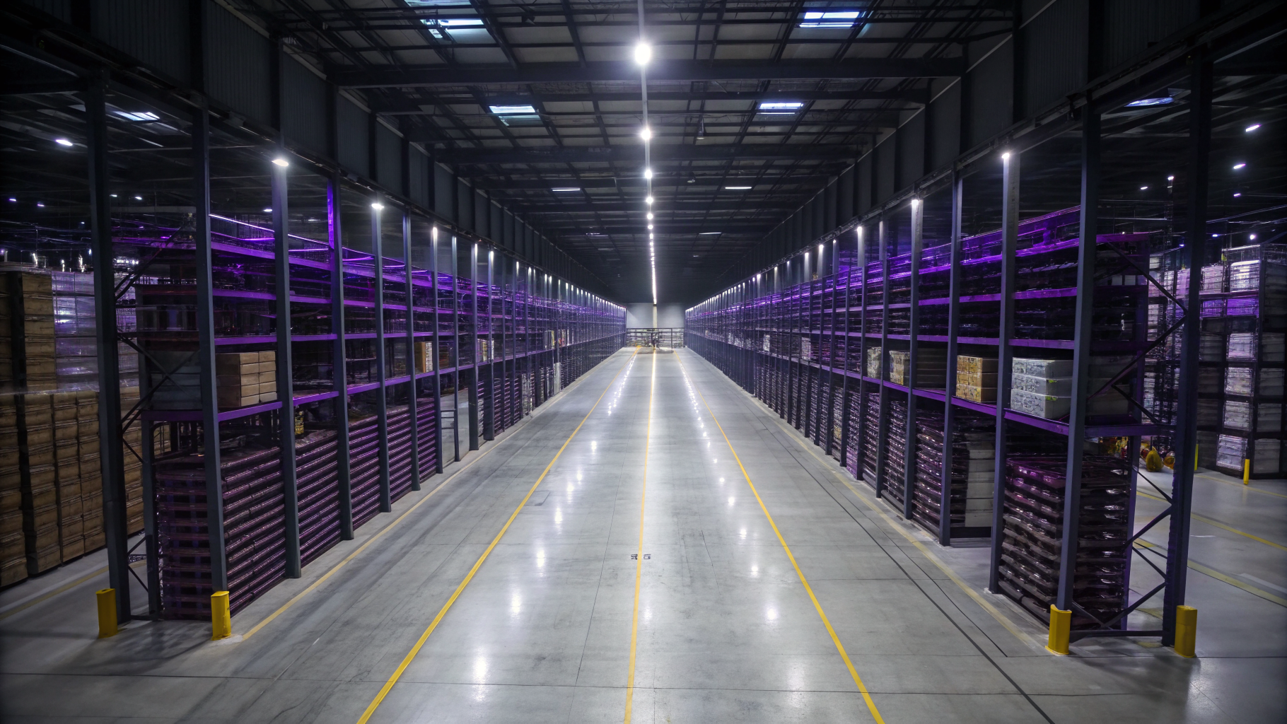 A wide-angle view inside a vast fulfillment center warehouse at dusk, shot from an elevated position looking down a long central aisle flanked by towering storage racks that recede into atmospheric ha