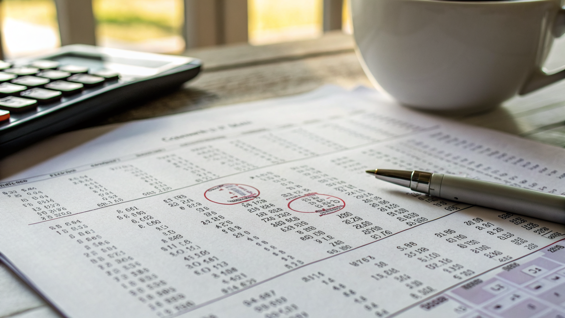 A close-up photograph of a printed financial spreadsheet on a desk, sharp focus on rows of numbers in black ink with one figure circled in red pen, shallow depth of field blurring the background into