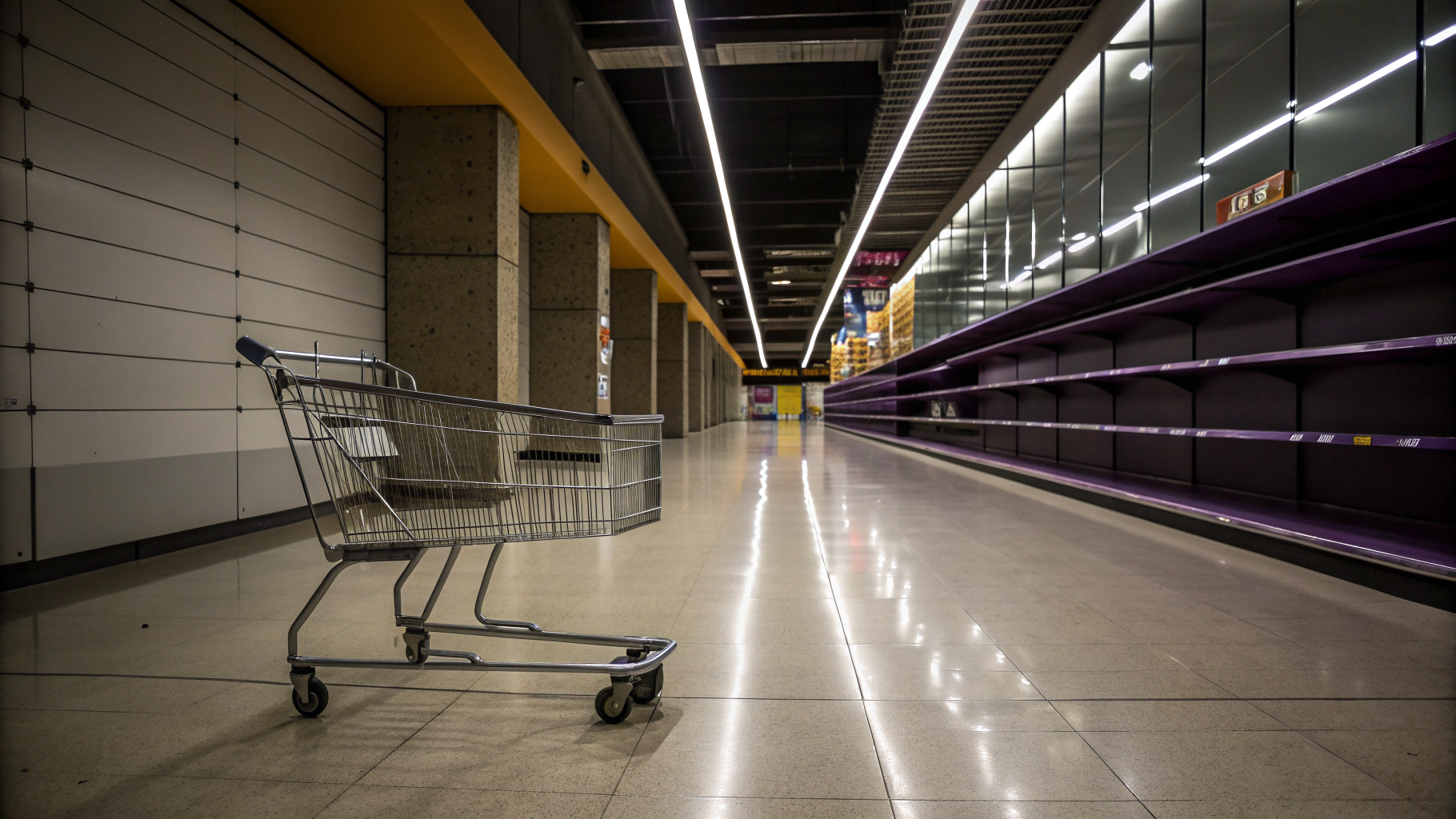 A shopping cart sits alone in an empty retail aisle under cool fluorescent lighting, casting a sharp shadow on polished floor tiles. The composition is shot from a low angle looking down the corridor
