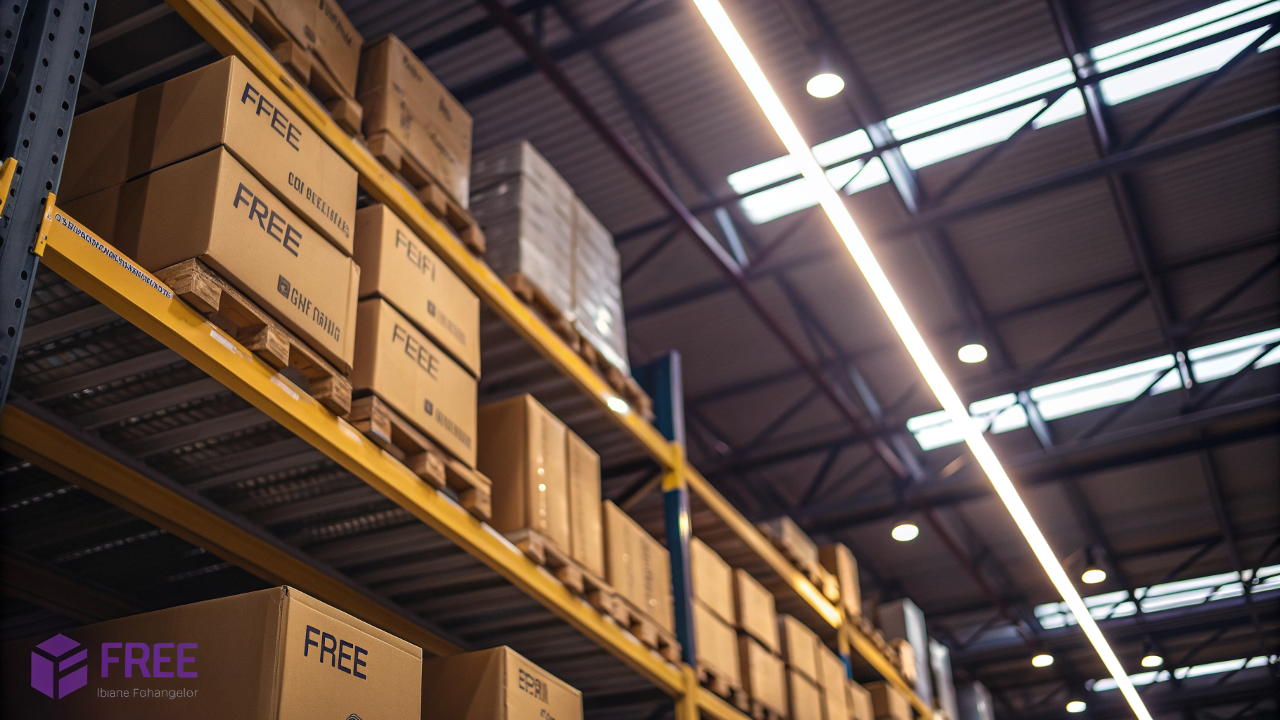 A close-up photograph of a warehouse shelf stacked with identical cardboard boxes, shot from a low angle looking up toward industrial ceiling lights. The boxes recede into the background under bright